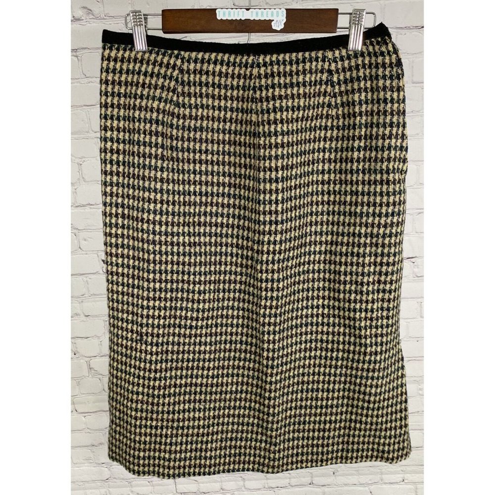 VTG Liz Claiborne Tan Houndstooth Side Zip Midi Length Straight Pencil Skirt 14